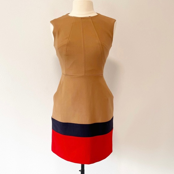 Shoshanna Camel Double Crepe Color block Trina Dress - Picture 2 of 15